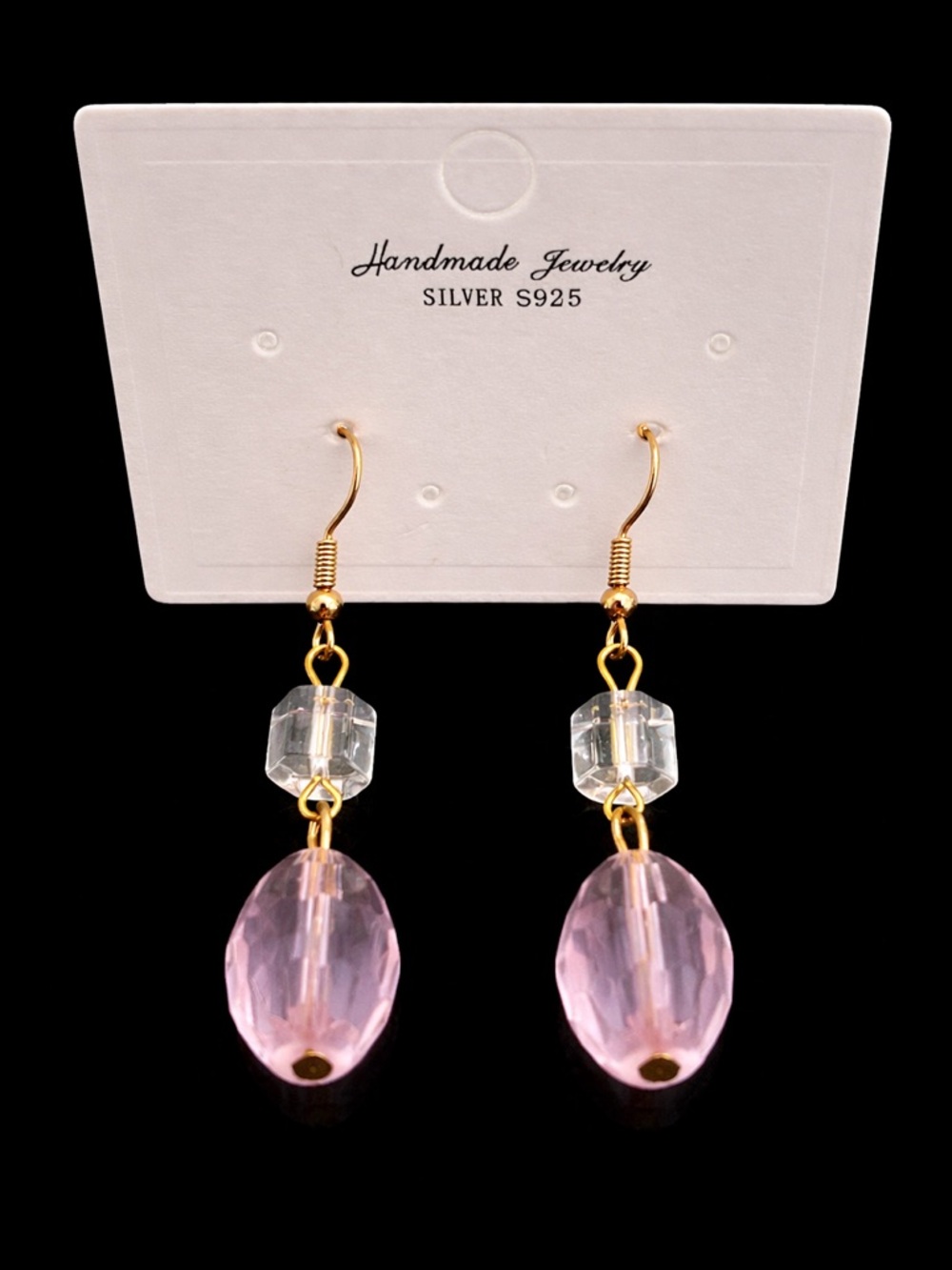 Handmade Jewelry SilverS925 Gold-Tone Earrings with Pink and Clear Crystal Drops